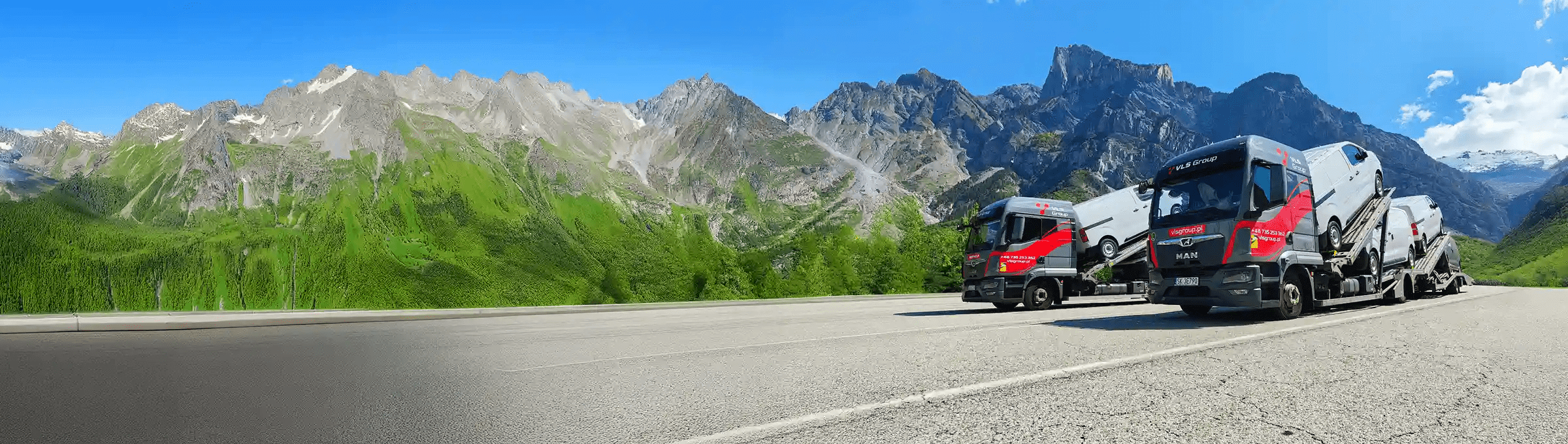 Transporter VLS Group z autami dostawczymi na tle gór