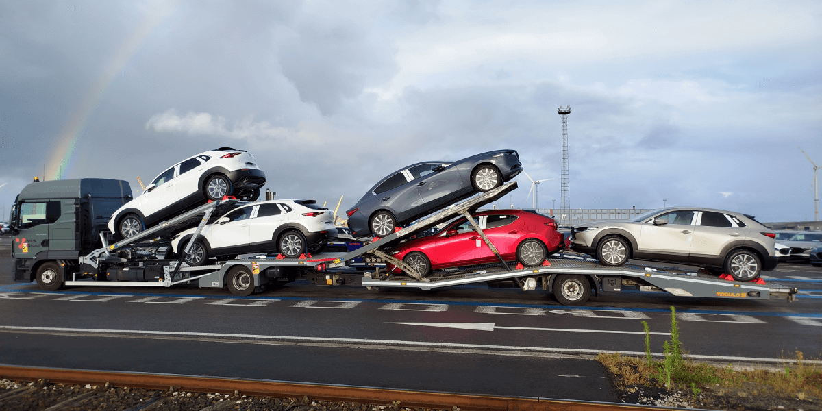 Samochody terenowe na przyczepie transportowej VLS Group na tle tęczy